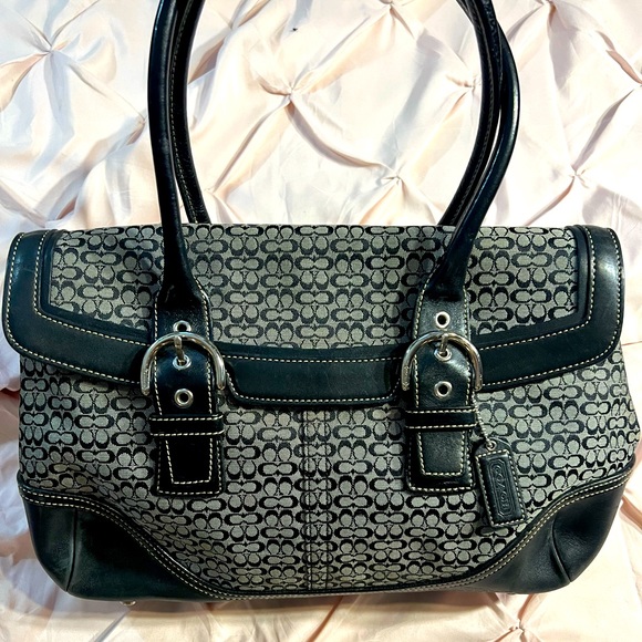 Coach black/grey Signature Soho Canvas and Leather Flap Buckle Satchel - Picture 1 of 14